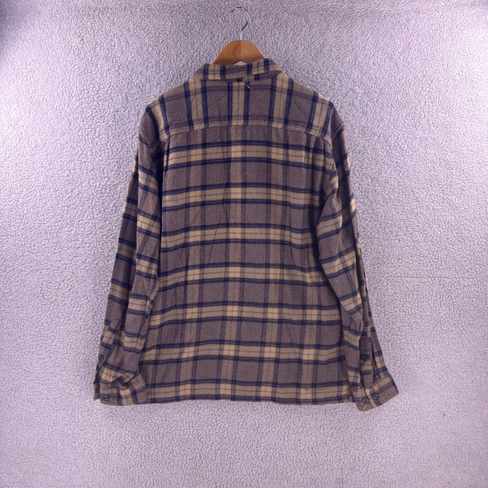 Patagonia Mens Large Organic Cotton Plaid Fjord Flannel Shirt Brown Blue Yellow